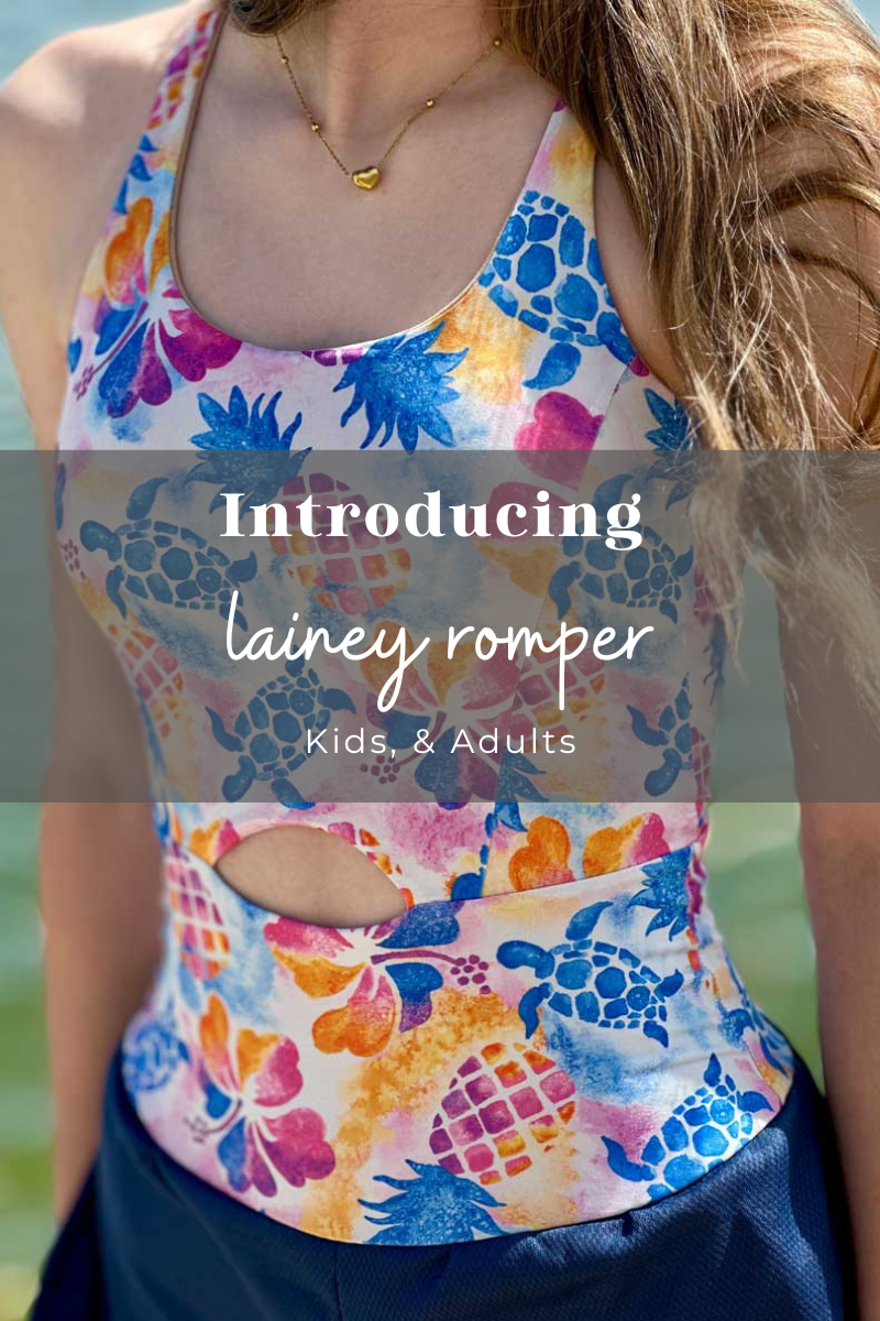 Woman wearing a custom sewn Lainey romper, with a title reading