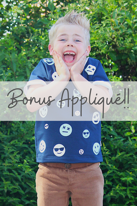 Child wearing a custom sewn Miley t-shirt featuring vinyl faces all over, with a title reading "Bonus Appliqué!!"